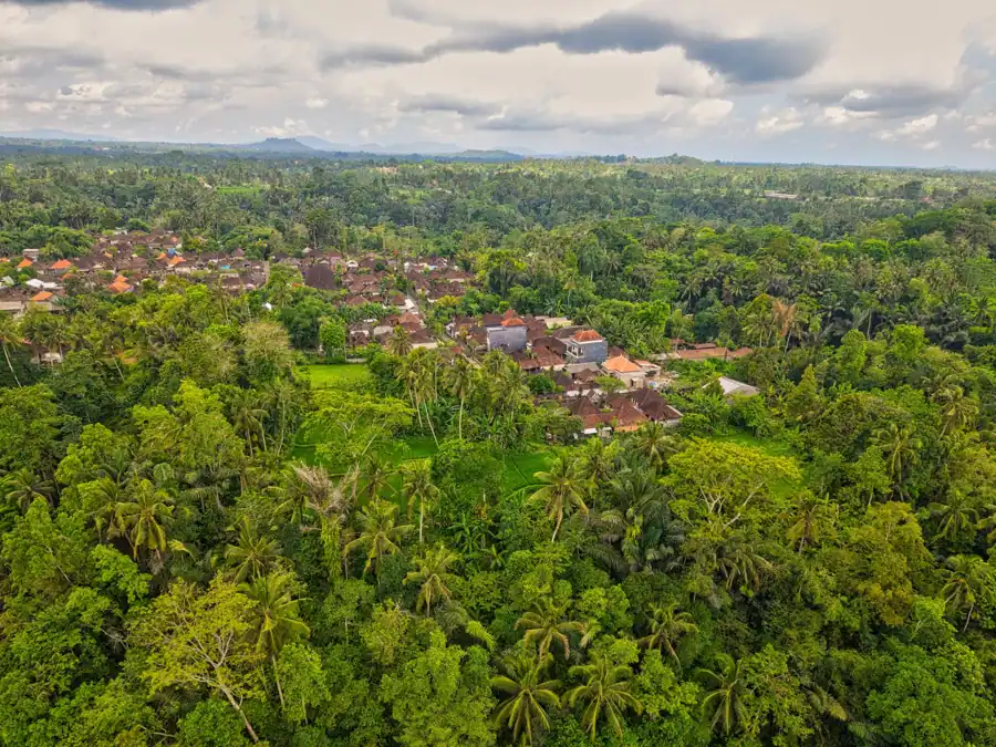 Stunning aerial shot of lush forest and a traditional village in Bali, Indonesia.